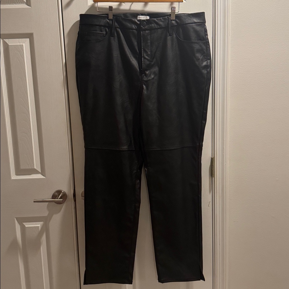 Black Good American Black Boot Cut Faux Leather Pants With Split Hem. Size 16.